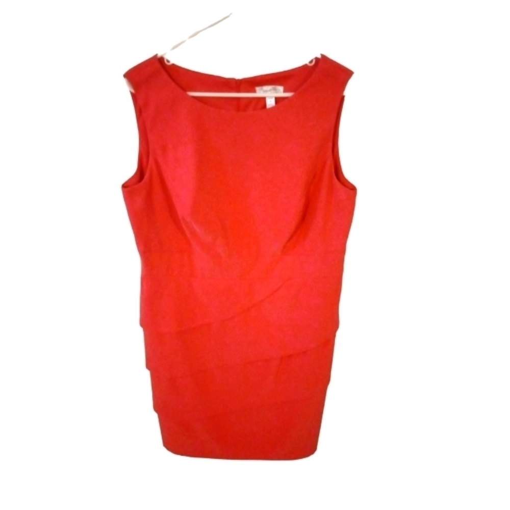 Dress Barn Salmon Coral Scalloped Front Slvls. Zip Bk. Midi Dress Barbiecore 14